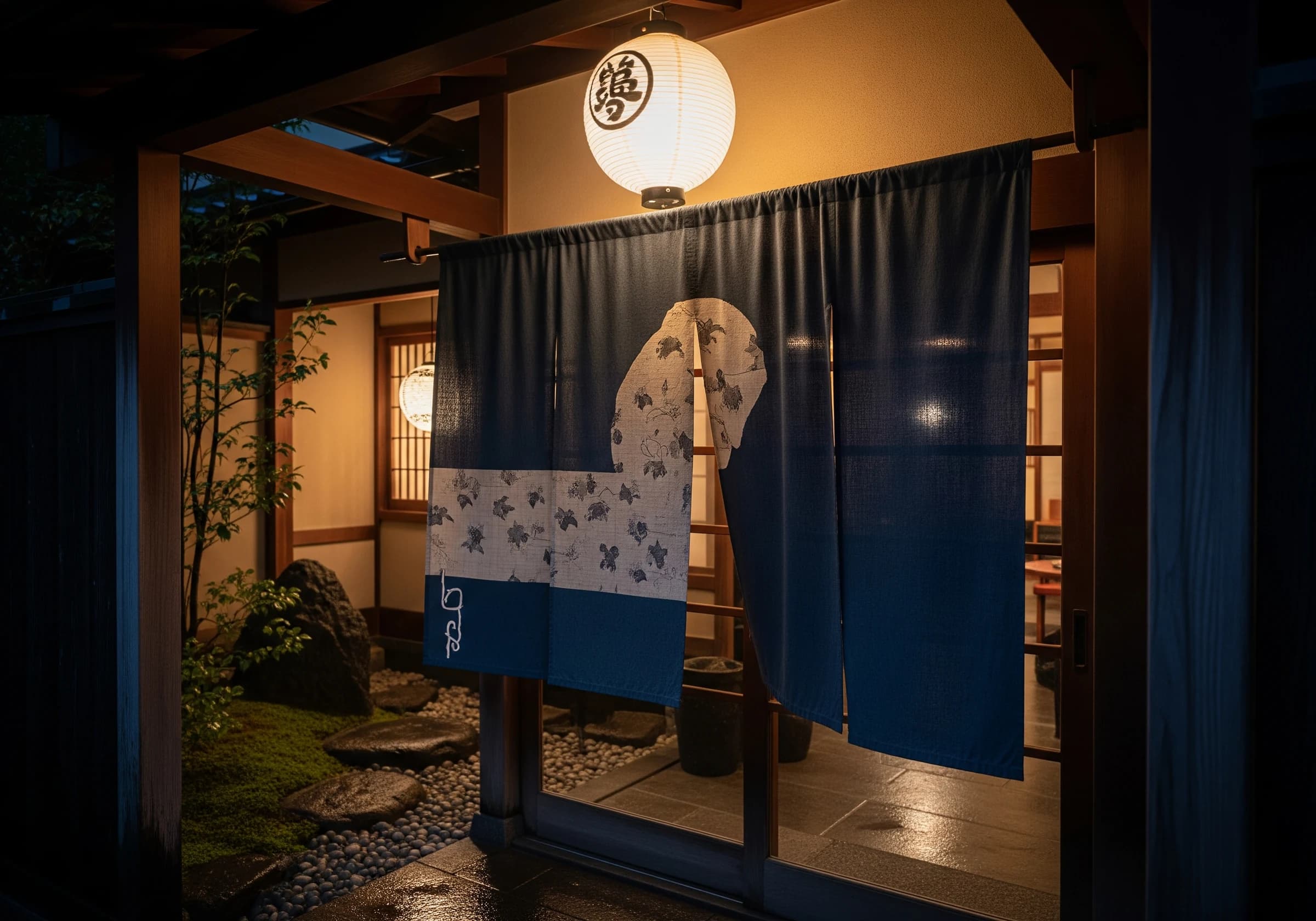 夜に灯る水戯庵の入り口と提灯